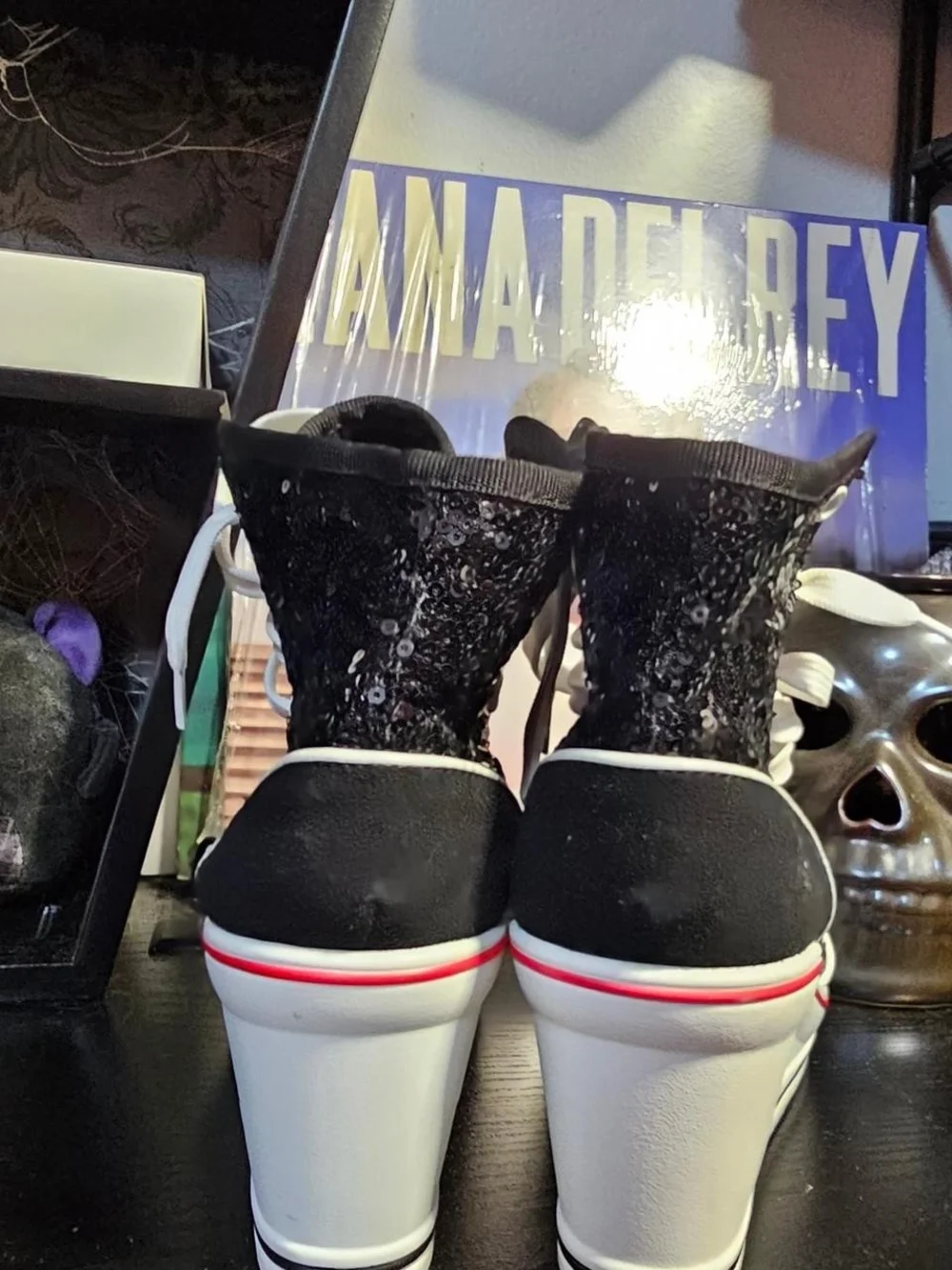 Women's Black Sequin Wedge Sneaker with White Laces